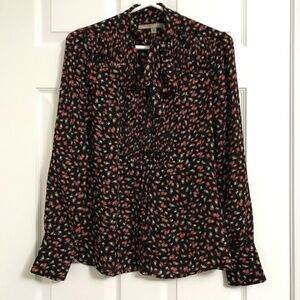GUESS Los Angeles Floral Button Up Pleated Blouse XS/S Fit Front Keyhole Bow